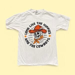 White cotton "Long Live The Hippies and The Cowboys" tee Size Medium